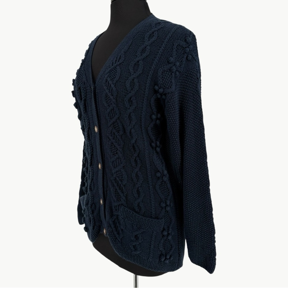 Vintage LL Bean Fisherman Cable Knit Cardigan Size Medium Navy Wool Blend 90s - Picture 5 of 13